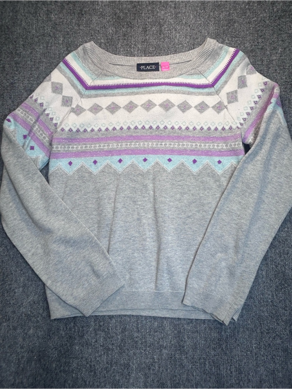 Place Grey Sweater with Purple & Aqua Fair Isle Yoke
